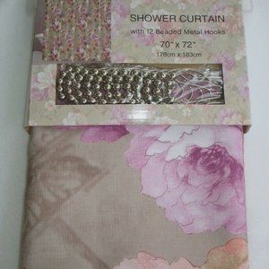 NEW Floral Shower Curtain Set with Roller Ball Beaded Rings Beige Floral Cottage